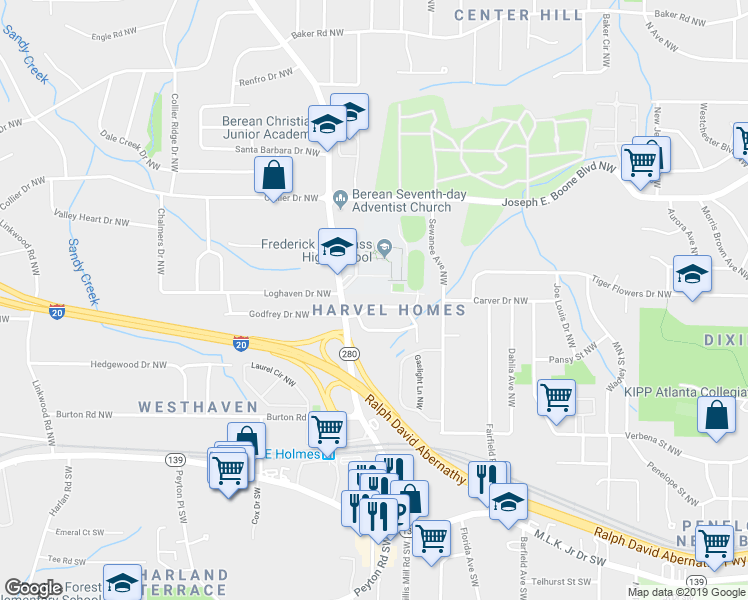 map of restaurants, bars, coffee shops, grocery stores, and more near 2475 Harvel Drive Northwest in Atlanta