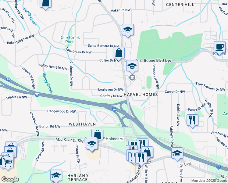 map of restaurants, bars, coffee shops, grocery stores, and more near 2548 Loghaven Drive Northwest in Atlanta