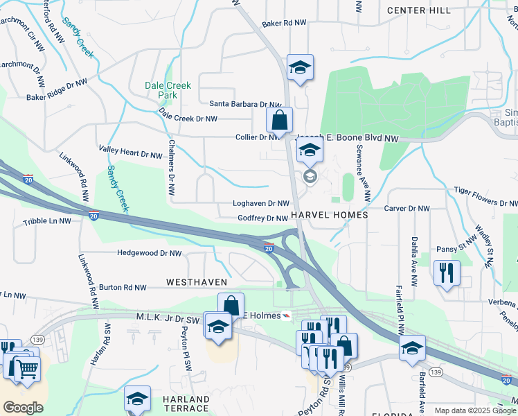map of restaurants, bars, coffee shops, grocery stores, and more near 2568 Loghaven Drive Northwest in Atlanta