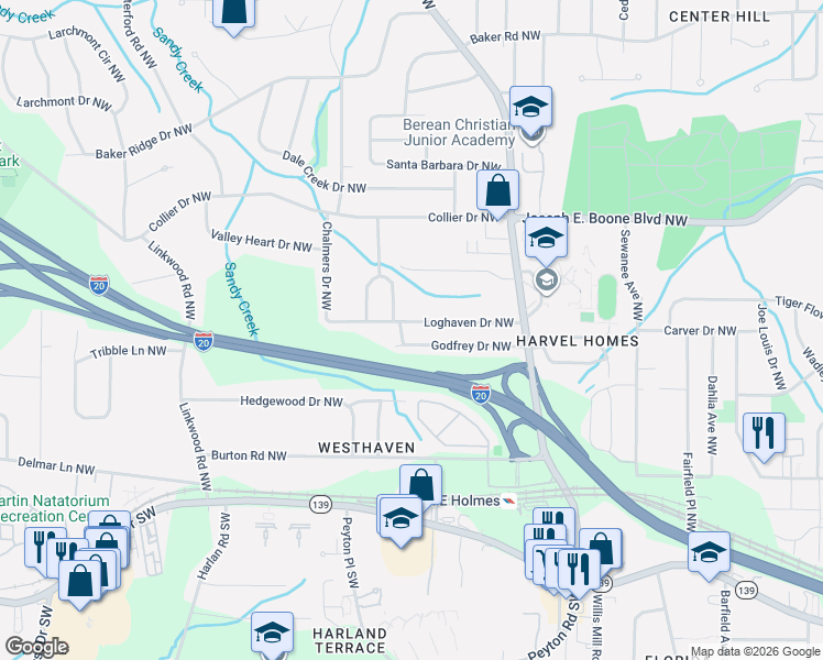 map of restaurants, bars, coffee shops, grocery stores, and more near 2621 Loghaven Drive Northwest in Atlanta