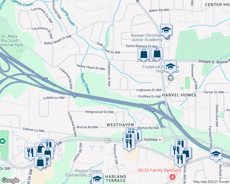 map of restaurants, bars, coffee shops, grocery stores, and more near 2727 Loghaven Drive Northwest in Atlanta