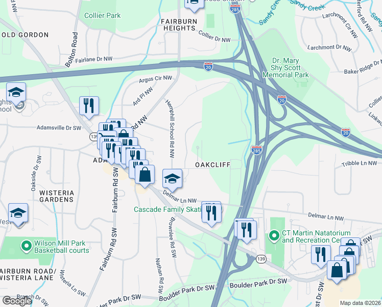 map of restaurants, bars, coffee shops, grocery stores, and more near 177 Oakcliff Court Northwest in Atlanta
