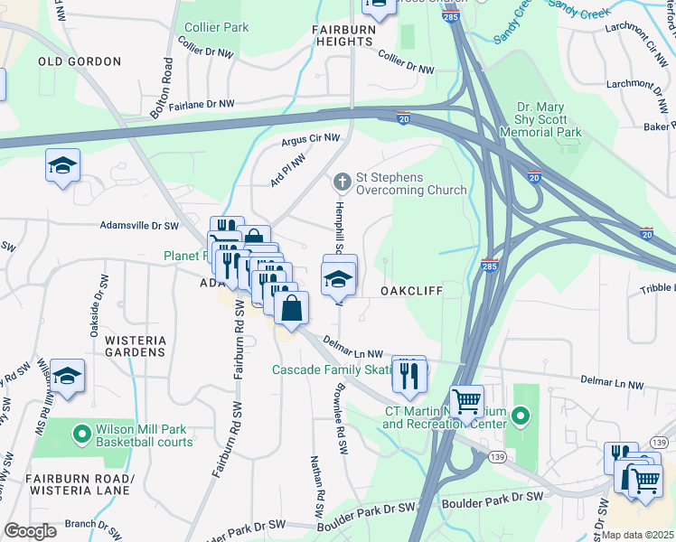 map of restaurants, bars, coffee shops, grocery stores, and more near 158 Hemphill School Road Northwest in Atlanta