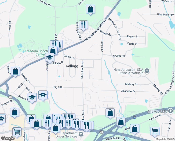 map of restaurants, bars, coffee shops, grocery stores, and more near 1685 Dogwood Trail in Douglasville