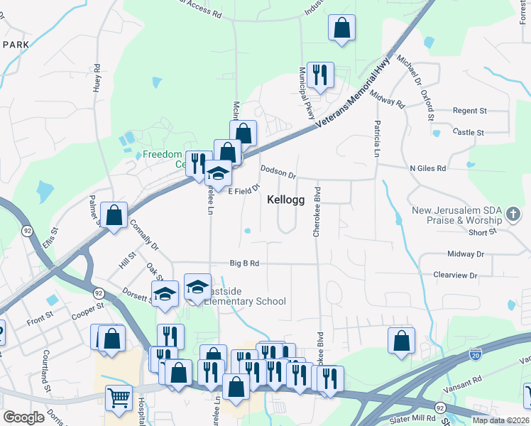 map of restaurants, bars, coffee shops, grocery stores, and more near 8036 Fieldstone Court in Douglasville