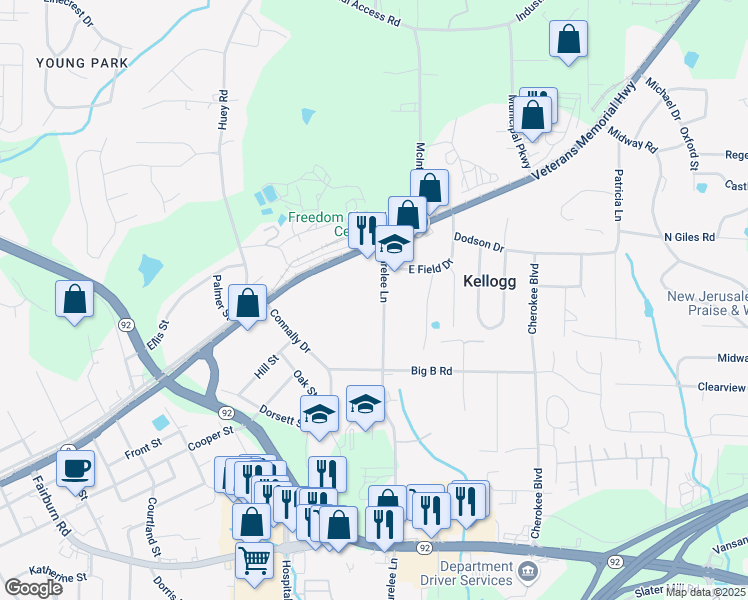map of restaurants, bars, coffee shops, grocery stores, and more near 8019 Duralee Lane in Douglasville