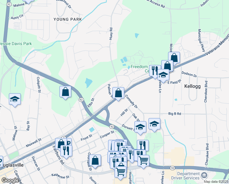 map of restaurants, bars, coffee shops, grocery stores, and more near 8032 Palmer Street in Douglasville