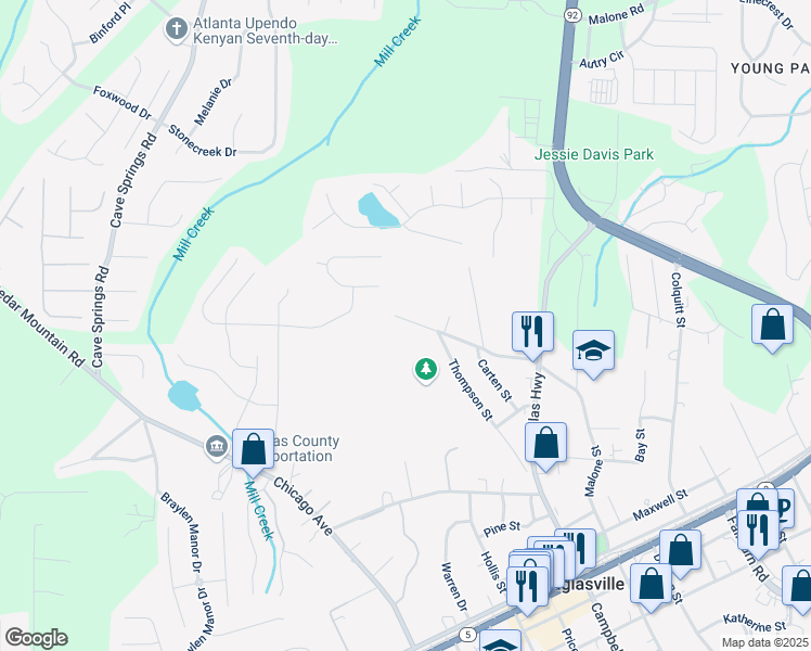 map of restaurants, bars, coffee shops, grocery stores, and more near 6886 Upshaw Mill Road in Douglasville