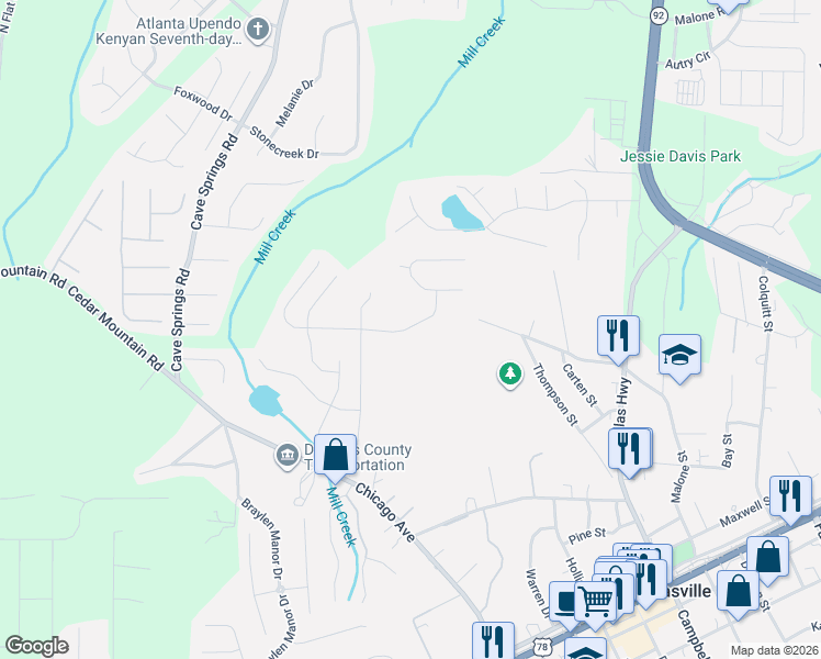 map of restaurants, bars, coffee shops, grocery stores, and more near 8120 Brookbend Drive in Douglasville