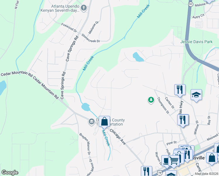 map of restaurants, bars, coffee shops, grocery stores, and more near 7084 Creeksong Drive in Douglasville