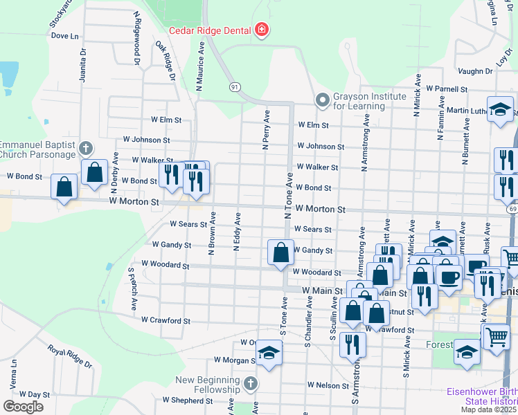 map of restaurants, bars, coffee shops, grocery stores, and more near 1127 West Morton Street in Denison