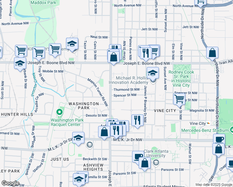 map of restaurants, bars, coffee shops, grocery stores, and more near 891 Spencer Street Northwest in Atlanta
