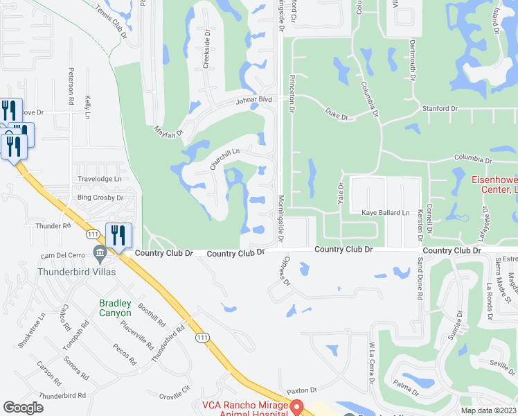 map of restaurants, bars, coffee shops, grocery stores, and more near 2 Deerfield Court in Rancho Mirage