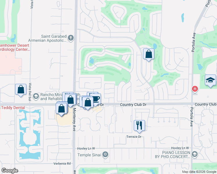 map of restaurants, bars, coffee shops, grocery stores, and more near 3136 Via Giorna in Palm Desert