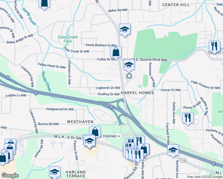 map of restaurants, bars, coffee shops, grocery stores, and more near 2548 Loghaven Drive Northwest in Atlanta