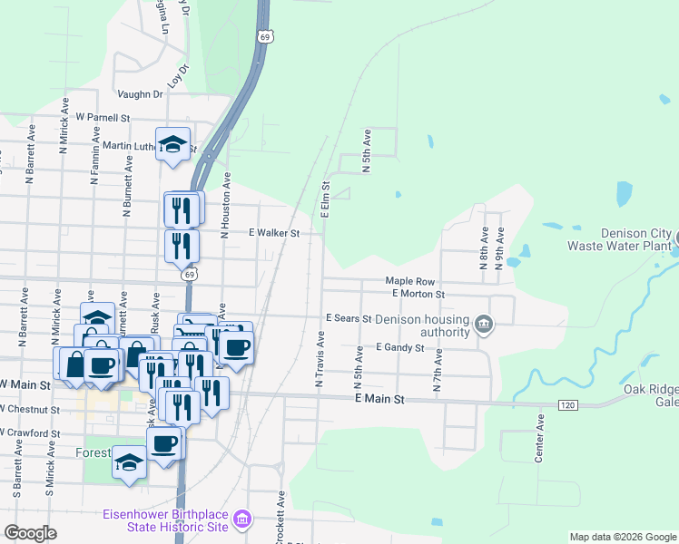 map of restaurants, bars, coffee shops, grocery stores, and more near 415 Maple Row in Denison
