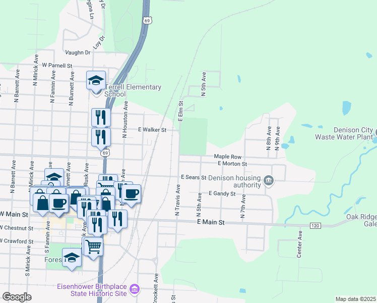 map of restaurants, bars, coffee shops, grocery stores, and more near 415 Maple Row in Denison