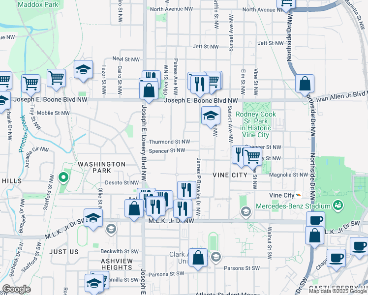 map of restaurants, bars, coffee shops, grocery stores, and more near 811 Thurmond Street Northwest in Atlanta