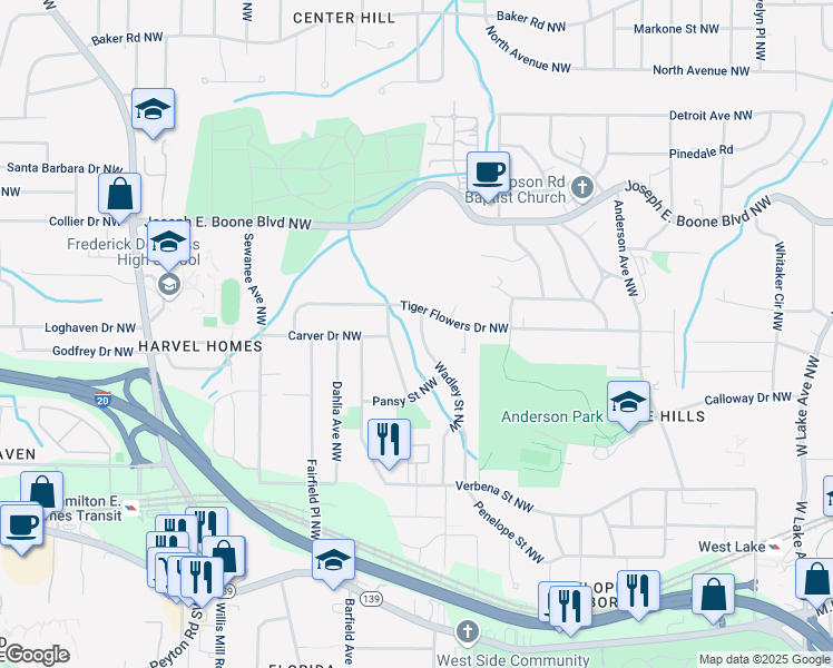 map of restaurants, bars, coffee shops, grocery stores, and more near 308 Wadley Street Northwest in Atlanta
