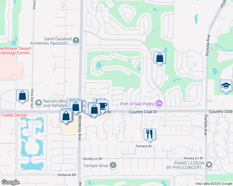 map of restaurants, bars, coffee shops, grocery stores, and more near 3136 Via Giorna in Palm Desert