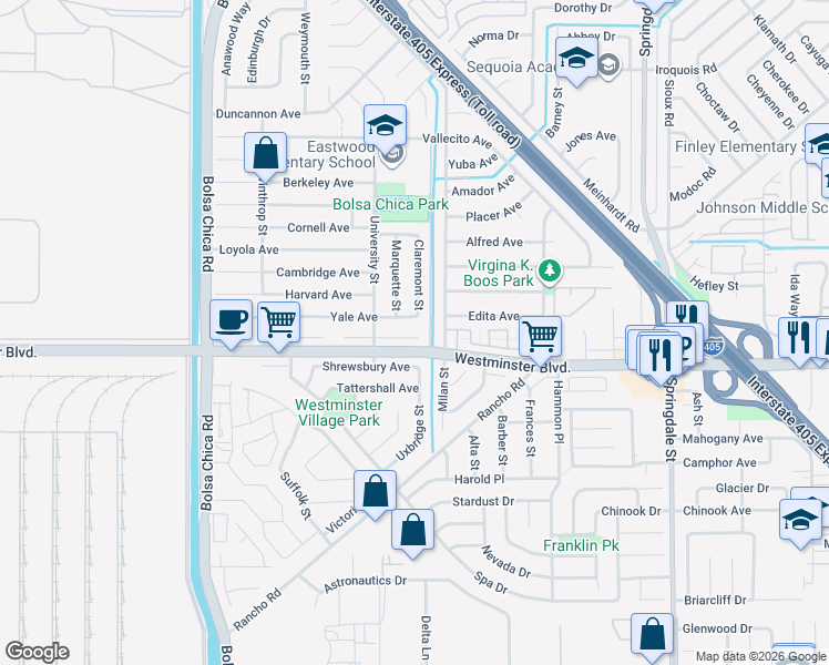 map of restaurants, bars, coffee shops, grocery stores, and more near in Westminster