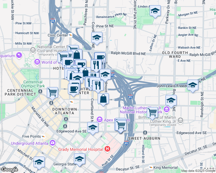 map of restaurants, bars, coffee shops, grocery stores, and more near 215 Piedmont Ave NE in Atlanta