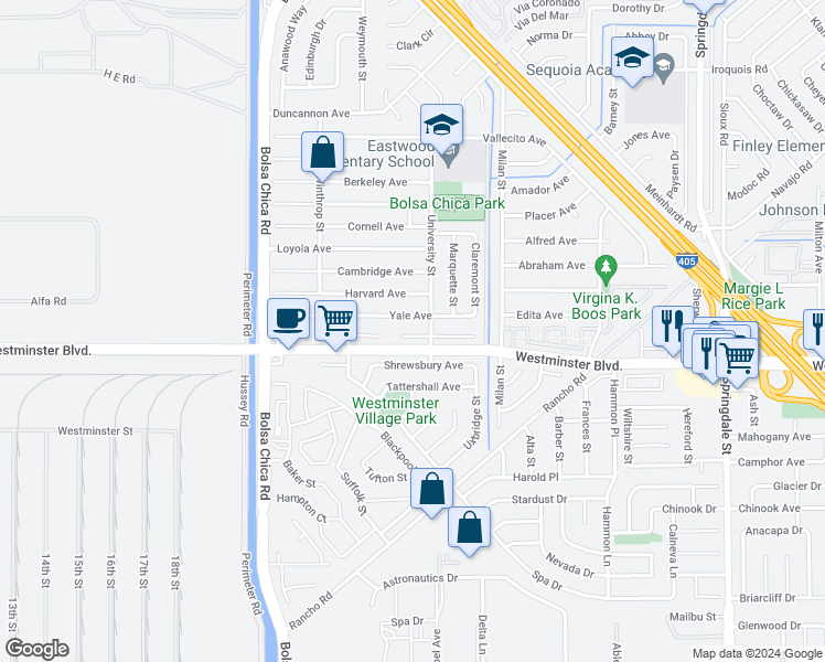 map of restaurants, bars, coffee shops, grocery stores, and more near 5341 Saint Marys Circle in Westminster