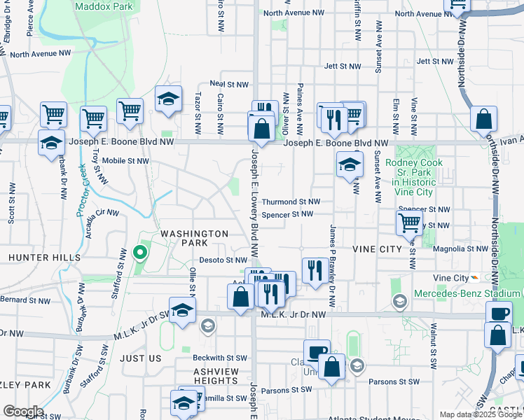 map of restaurants, bars, coffee shops, grocery stores, and more near 193 Joseph E. Lowery Boulevard Northwest in Atlanta