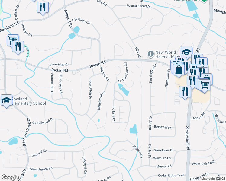 map of restaurants, bars, coffee shops, grocery stores, and more near 1130 Mannbrook Drive in Stone Mountain