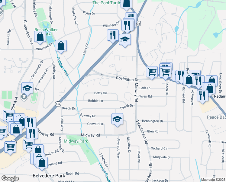 map of restaurants, bars, coffee shops, grocery stores, and more near 3296 Betty Circle in Decatur