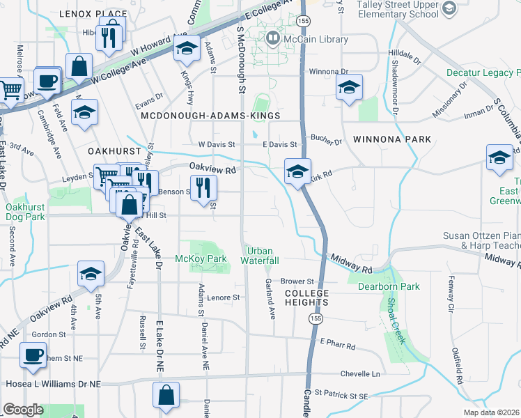 map of restaurants, bars, coffee shops, grocery stores, and more near 117 East Benson Street in Decatur