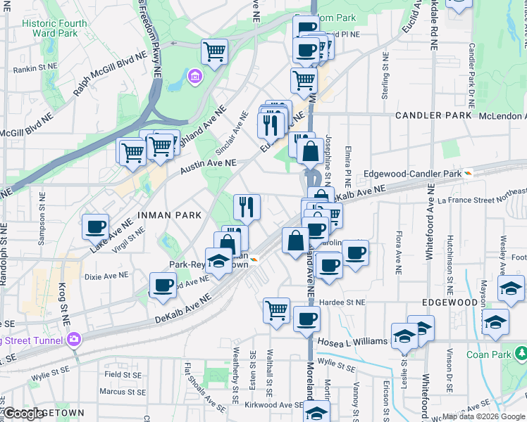 map of restaurants, bars, coffee shops, grocery stores, and more near 231 Degress Avenue Northeast in Atlanta