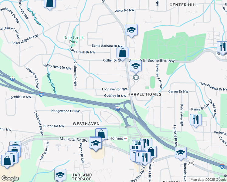 map of restaurants, bars, coffee shops, grocery stores, and more near 2568 Loghaven Drive Northwest in Atlanta