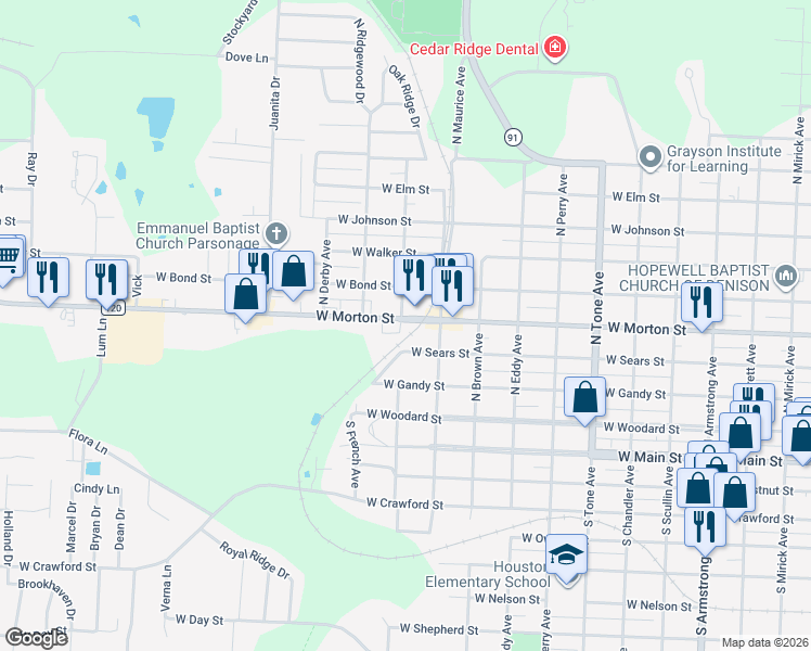 map of restaurants, bars, coffee shops, grocery stores, and more near 1525 West Morton Street in Denison