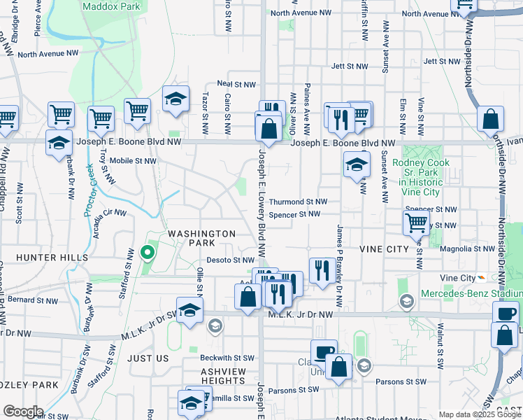 map of restaurants, bars, coffee shops, grocery stores, and more near 193 Joseph E. Lowery Boulevard Northwest in Atlanta