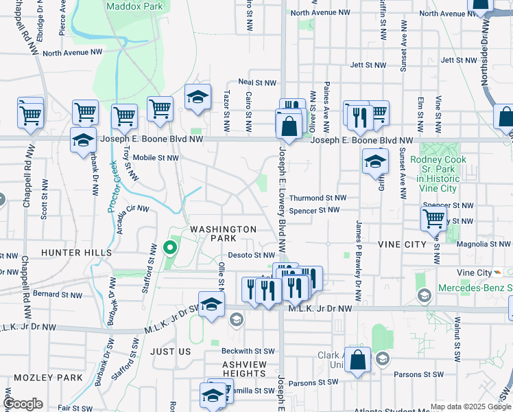 map of restaurants, bars, coffee shops, grocery stores, and more near 988 Mayson Turner Road Northwest in Atlanta