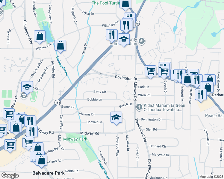 map of restaurants, bars, coffee shops, grocery stores, and more near 3296 Betty Circle in Decatur