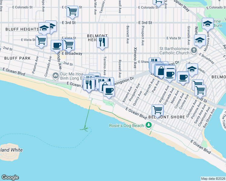 map of restaurants, bars, coffee shops, grocery stores, and more near 40 Belmont Avenue in Long Beach
