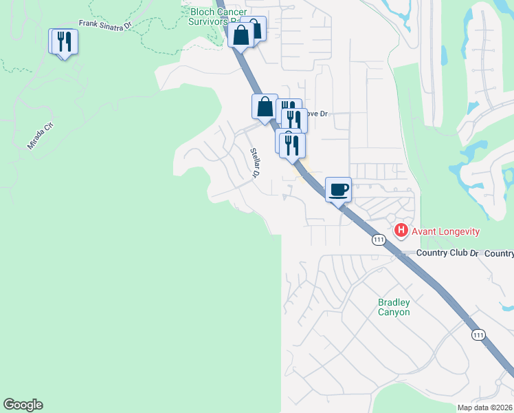 map of restaurants, bars, coffee shops, grocery stores, and more near Nebulae Way in Rancho Mirage