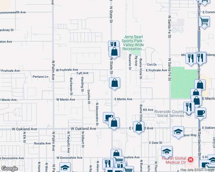 map of restaurants, bars, coffee shops, grocery stores, and more near 761 North State Street in Hemet