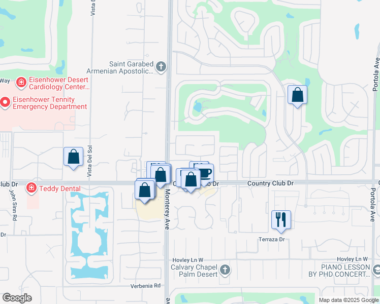 map of restaurants, bars, coffee shops, grocery stores, and more near 227 Corte Sole in Palm Desert