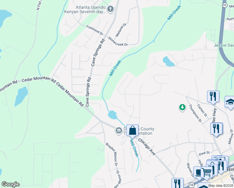 map of restaurants, bars, coffee shops, grocery stores, and more near 7093 Skippingstone Way in Douglasville