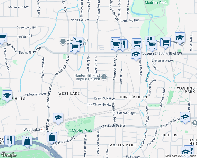 map of restaurants, bars, coffee shops, grocery stores, and more near 1470 Andrews Street Northwest in Atlanta