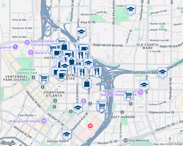 map of restaurants, bars, coffee shops, grocery stores, and more near 222 Piedmont Avenue Northeast in Atlanta