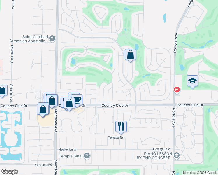 map of restaurants, bars, coffee shops, grocery stores, and more near 73450 Country Club Drive in Palm Desert