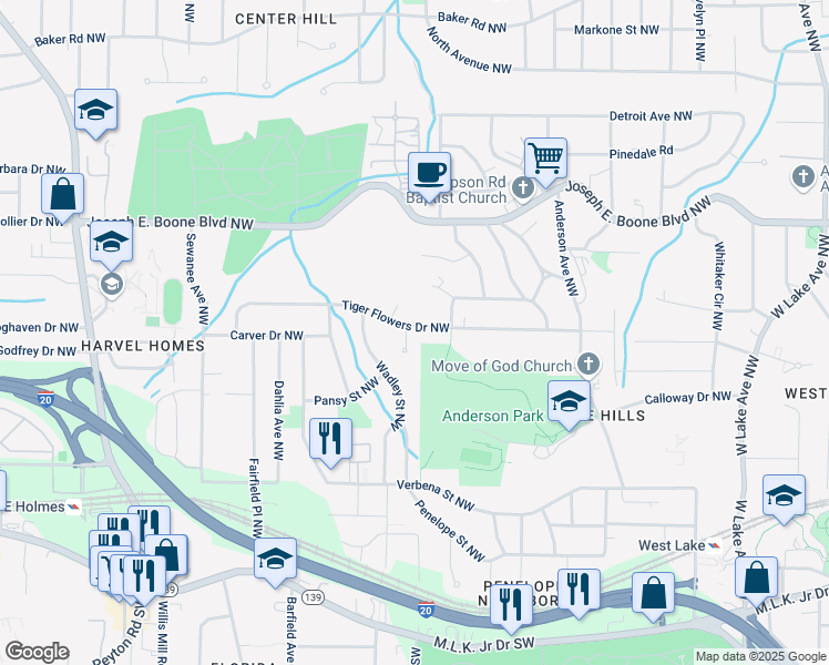 map of restaurants, bars, coffee shops, grocery stores, and more near 237 Tiger Flowers Circle Northwest in Atlanta