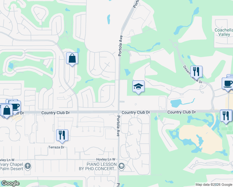 map of restaurants, bars, coffee shops, grocery stores, and more near 39700 Desert Greens Drive East in Palm Desert