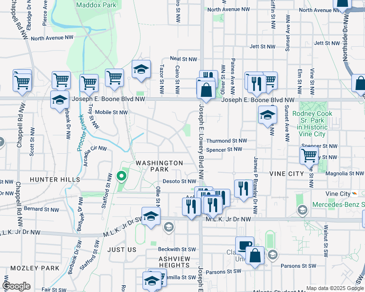 map of restaurants, bars, coffee shops, grocery stores, and more near 995 Mayson Turner Road Northwest in Atlanta
