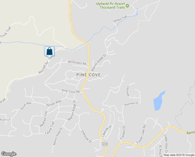 map of restaurants, bars, coffee shops, grocery stores, and more near Mountain View Drive in Idyllwild-Pine Cove