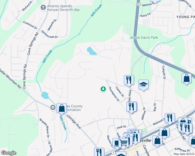 map of restaurants, bars, coffee shops, grocery stores, and more near 6886 Upshaw Mill Road in Douglasville